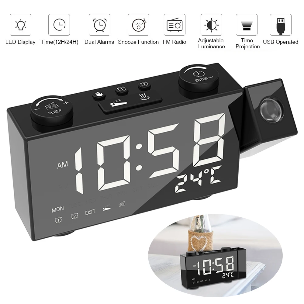 Digital Alarm Clock FM Projection Radio Alarm Clock with Snooze Thermometer Table Clock USB/Batterys Powers Supplys LEDs Alarm
