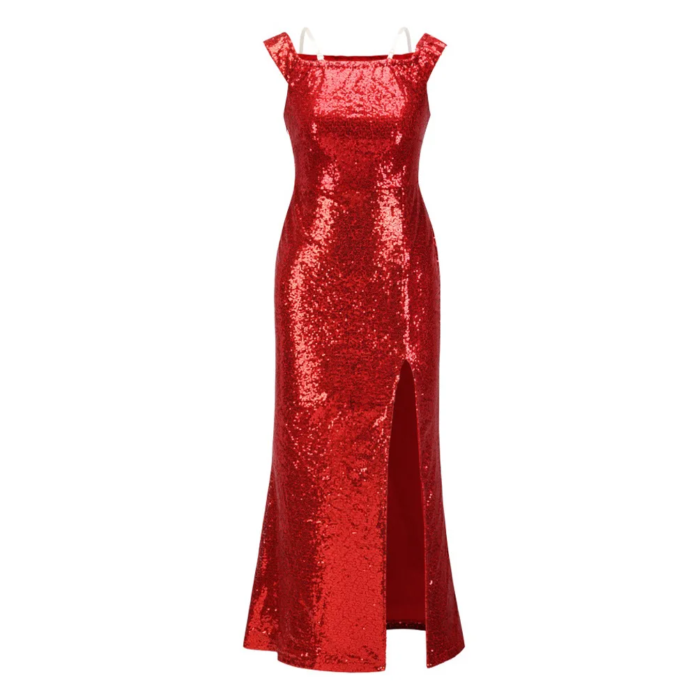 

2020 Explosion Style Sexy Women's Sling Split Fork New Long Sequin Dress Vestidos Evening