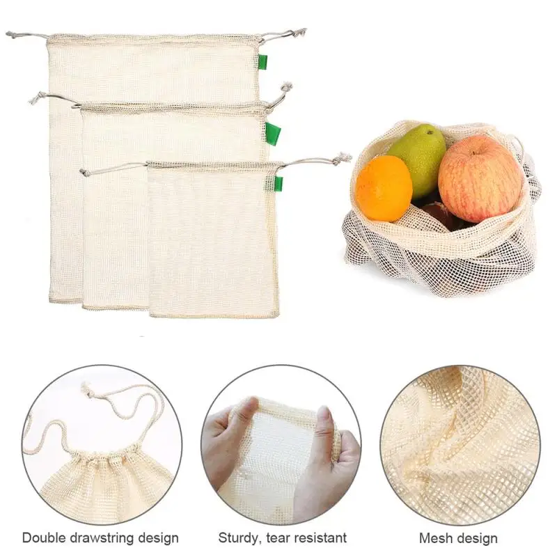 

9Pcs/Set Washable Storage Drawstring Bag Organic Cotton Mesh Produce Bags Reusable for Shopping Grocery Fruit Vegetable 3 Sizes