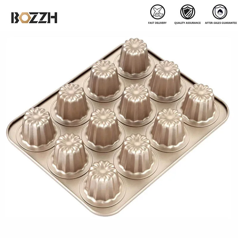 

BOZZH Copper Canele Molds Cake Pan Carbon Steel 12-Cavity Non-Stick Cannelel Pans for Baking Cake