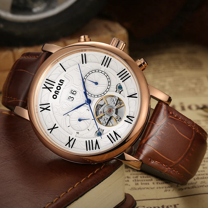 

Часы наручные ONOLA Мужские механические, брендовые автоматические водонепроницаемые деловые с кожаным ремешком, с датой