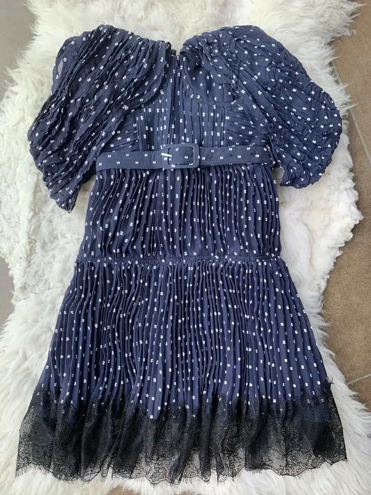 Женское шифоновое платье-Автопортрет темно-синее кружевное платье мини в