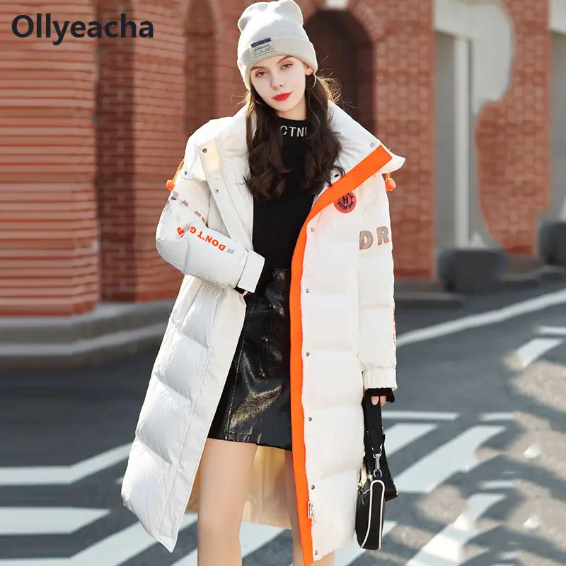 

Ollyeacha Korean white Glossy down jacket women winter Hooded zipper Coat 90% white duck down loose Thickened Parka For Women