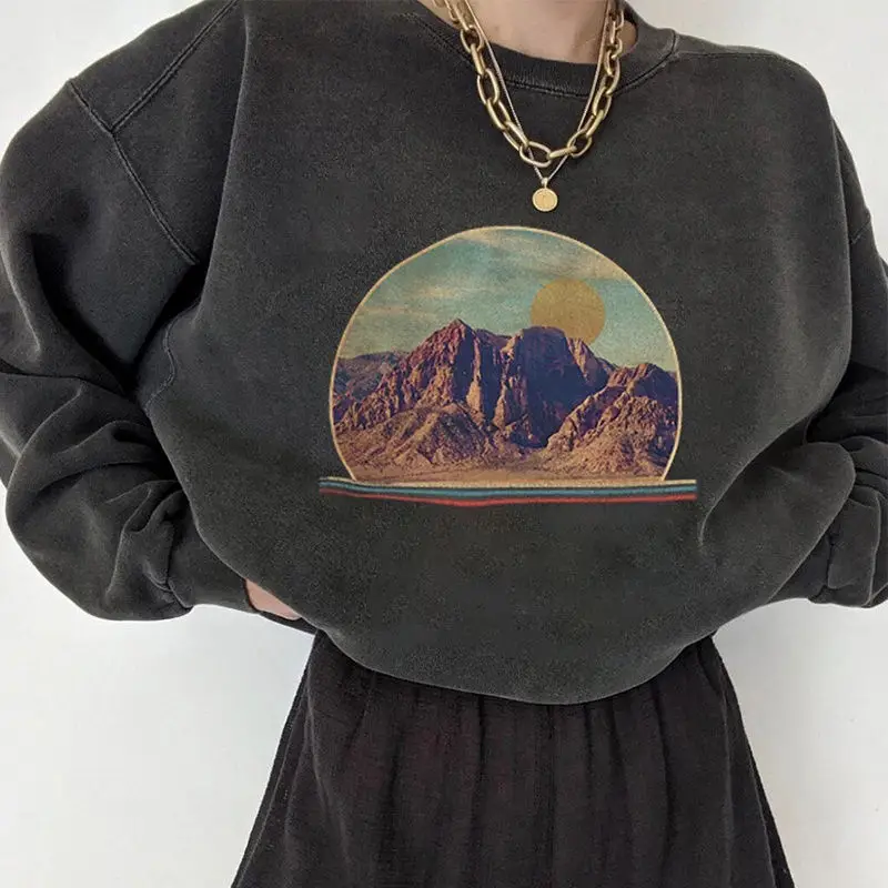 

American street retro y2k design dark gray printing loose round neck sweater all-match women's jacket top