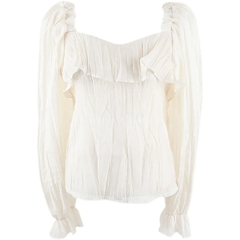 

Spring and Summer Korean Style Temperamental Fairy Puff Sleeve Slight See-through Shirts Women's Top Design Sense Niche Ruffled