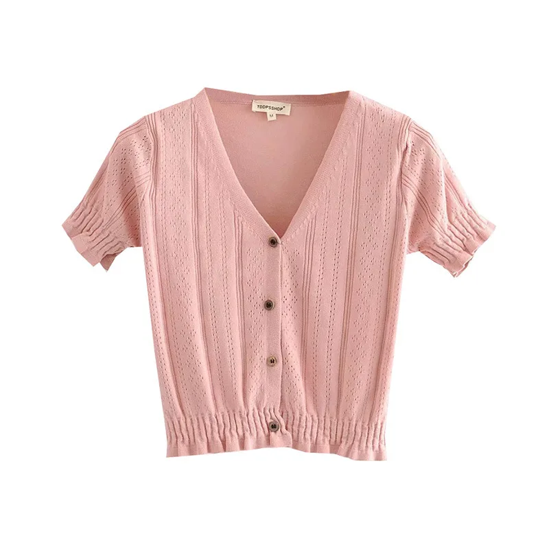 

Женский укороченный вязаный кардиган с оборками, милый модный винтажный свитер с V-образным вырезом и коротким рукавом, женская верхняя оде...