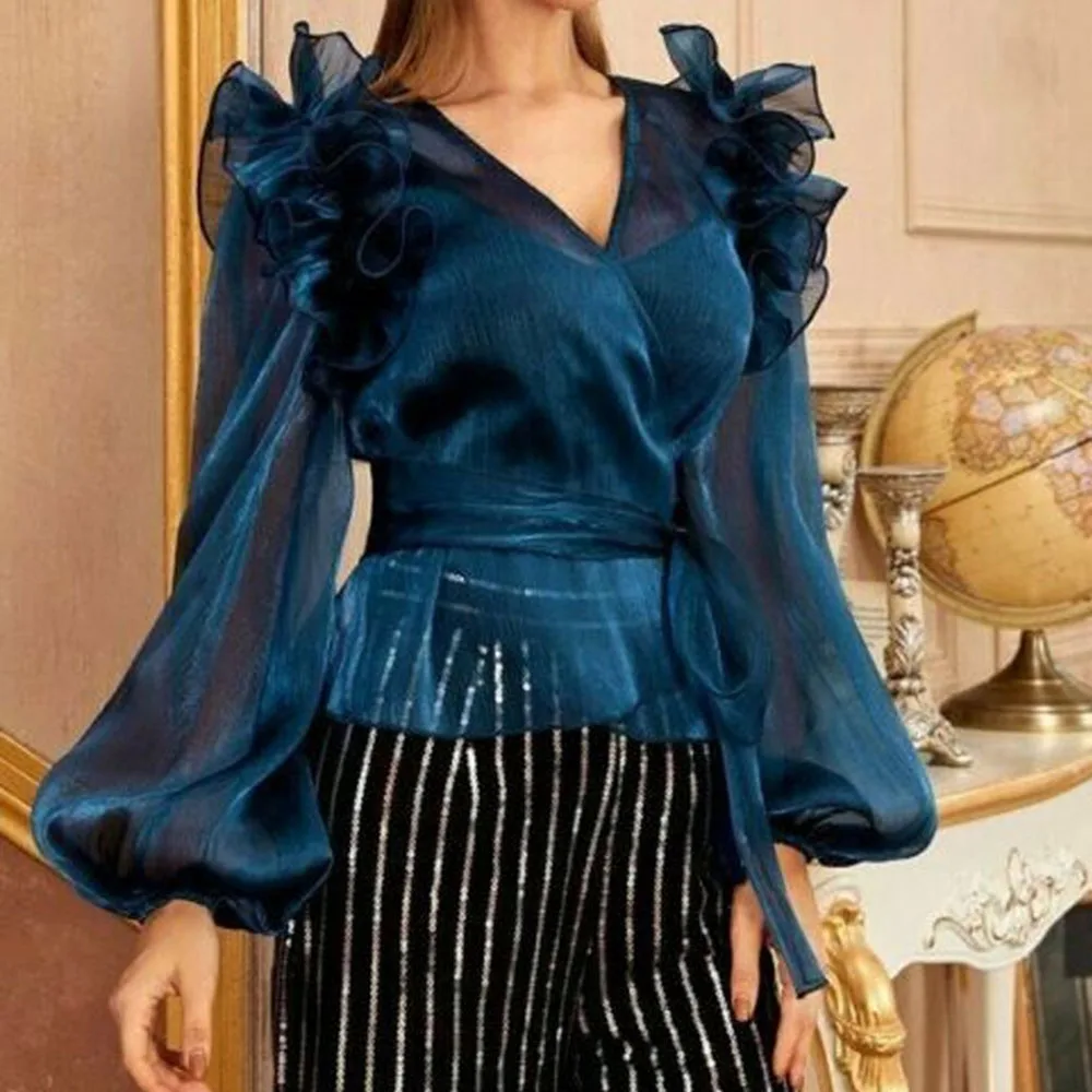 

Sexy See Through Long Sleeve Blouse For Woman Plus Size Tunic Belted Lace Up Female Blouses Elegant Office Work Wear Sheer Tops