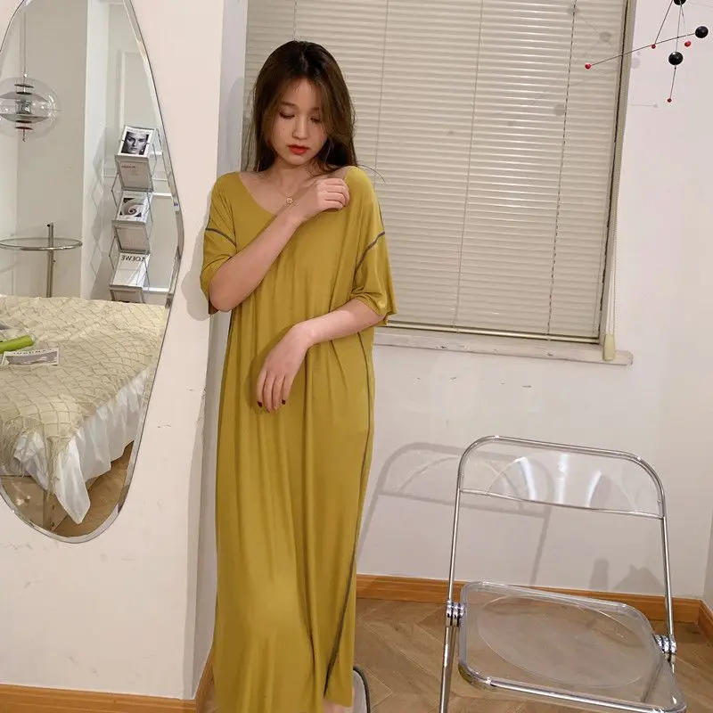 2021 Summer New Loose V-neck Nightwear Modal Short Sleeve Women's Nightdress Sexy Nightgown Housewear 100kg Dress Sleepwear