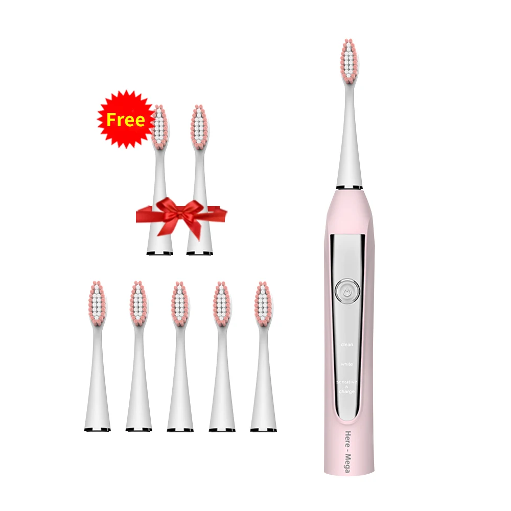 606 pink 8heads HERE-MEGA электрическая звуковая зубная щетка USB перезаряжаемая электронная автоматическая Очищающая щетка головка ультра звуковая отбеливающая зубная щетка для взрослых - Цвет: 606 pink 8heads