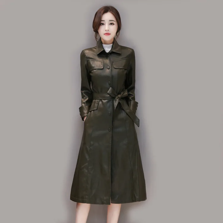 

Plus Size Woman Single Breasted Sashes Leather Jacket Female Pu Leather Trench Coat Belt Long Black Red Slim Overcoat 4XL 5XL