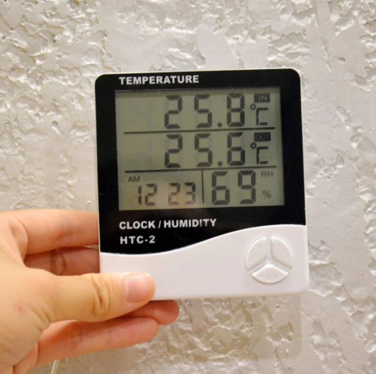 

50pcs LCD Electronic Digital Temperature Humidity Meter Thermometer Hygrometer Indoor Outdoor Weather Station Clock HTC-2