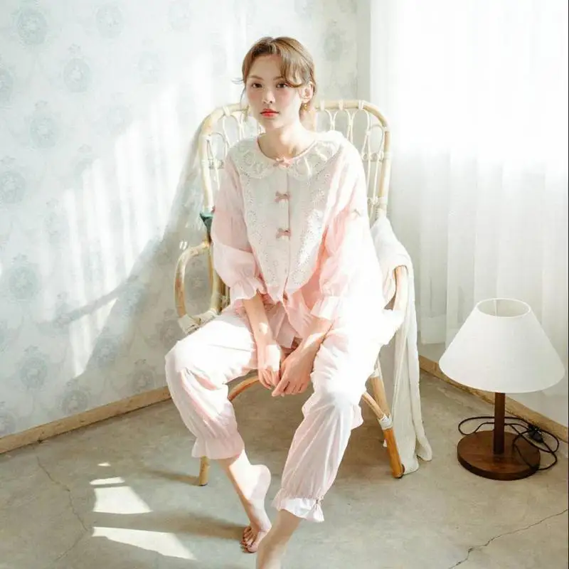 

Cotton Female Pajamas Lolita Dress Princess Lace Tops Pants Vintage Ladies Girls Girlfriends Pyjamas Set Sleepwear Loungewear
