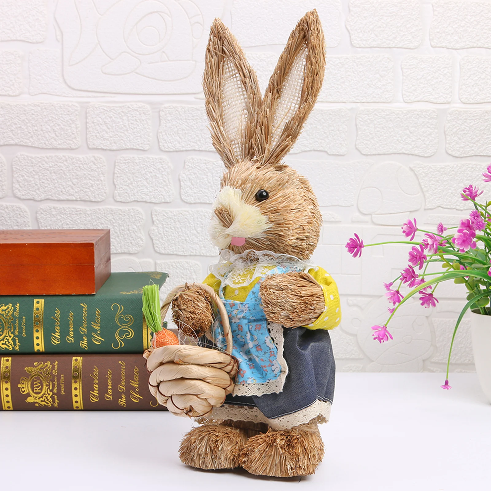 

Straw Rabbit Ornament 12 inch Standing Bunny with Carrot, Handmade Figurine for Easter Home Decorations