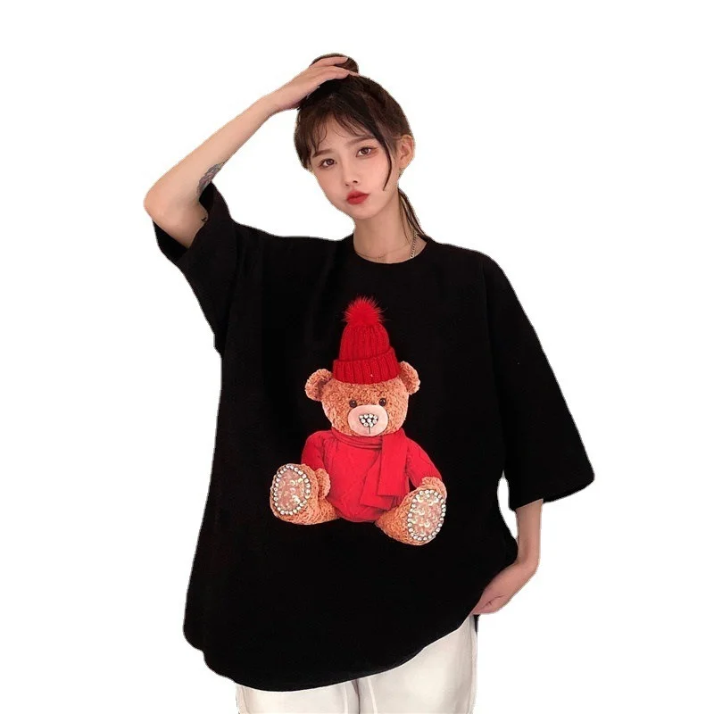 

Korea Hot Rhinestone Crystal Cartoon 3D Bear T-shirt Y2K Tops Women Loose Oversize Mid-length Half Sleeve Couple Top Summer 2021