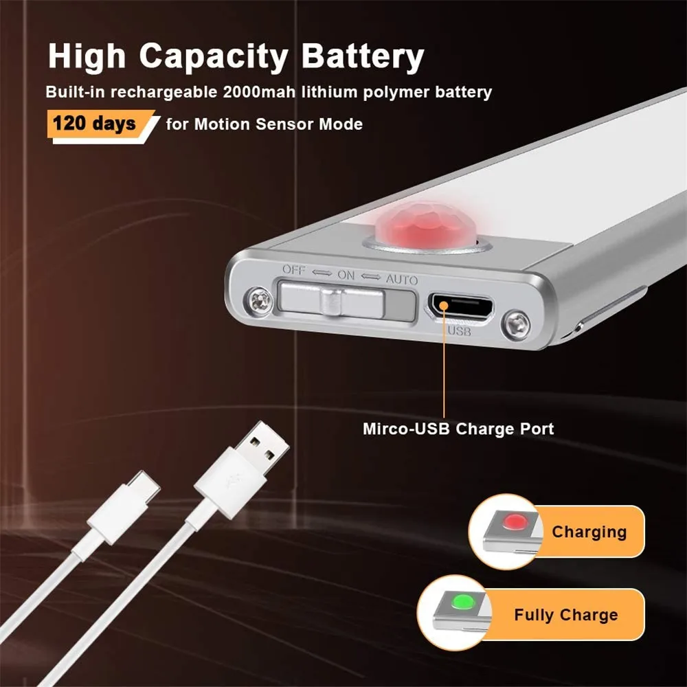 234060cm pir motion sensor led under cabinet light usb rechargeable wardrobe closet night light for kitchen indoor wall lamps free global shipping