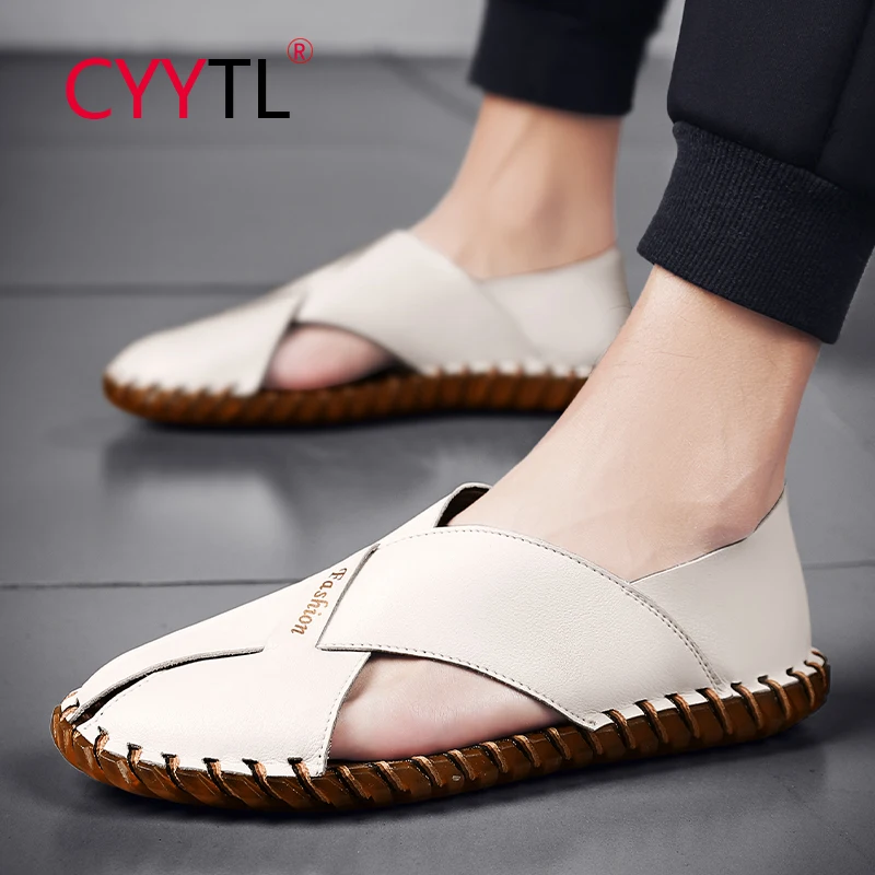 

CYYTL 2021 New Summer Fashion Men Sandals Comfortable Leather Beach Flat Handmade Shoes Closed Toe Walking Slippers Chanclas