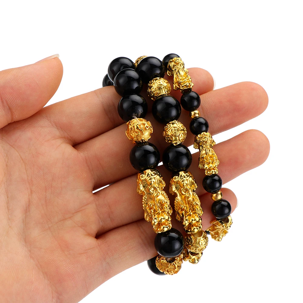 Золотой браслет Pixiu с черными бусинами сплав богатства амулетом ювелирные
