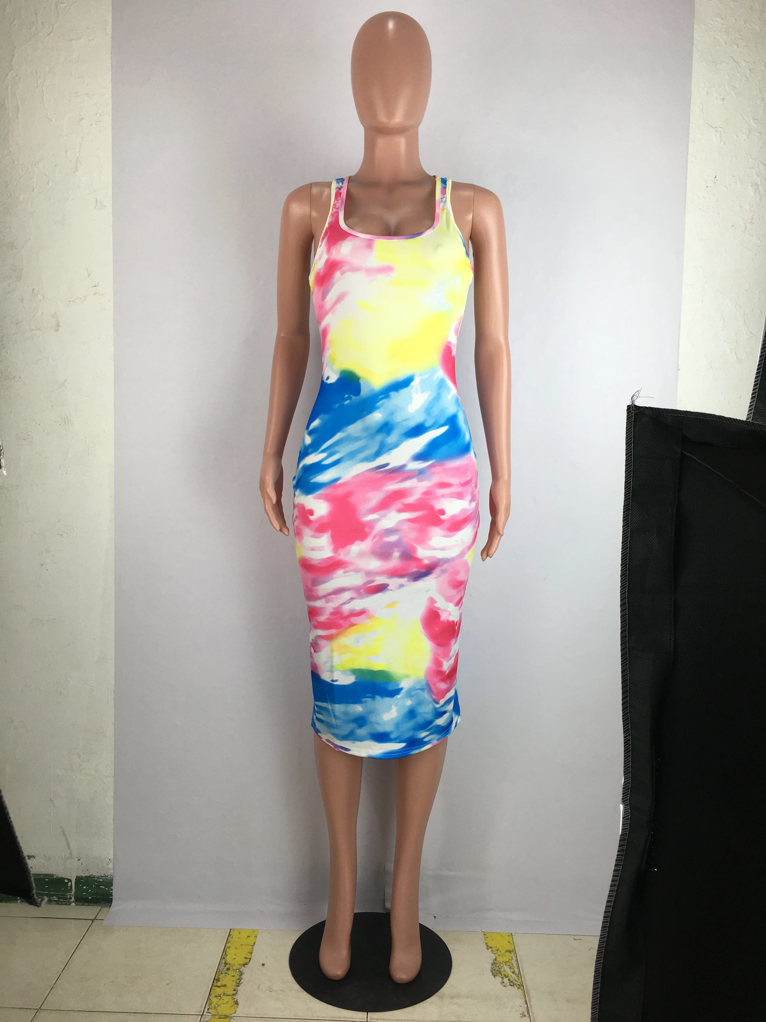 

Echoine Sleeveless Tie Dye Print Midi Dress Party Club Skinny Dresses Sexy Fitness Elegant Party Night Streetwear Sundress 2021