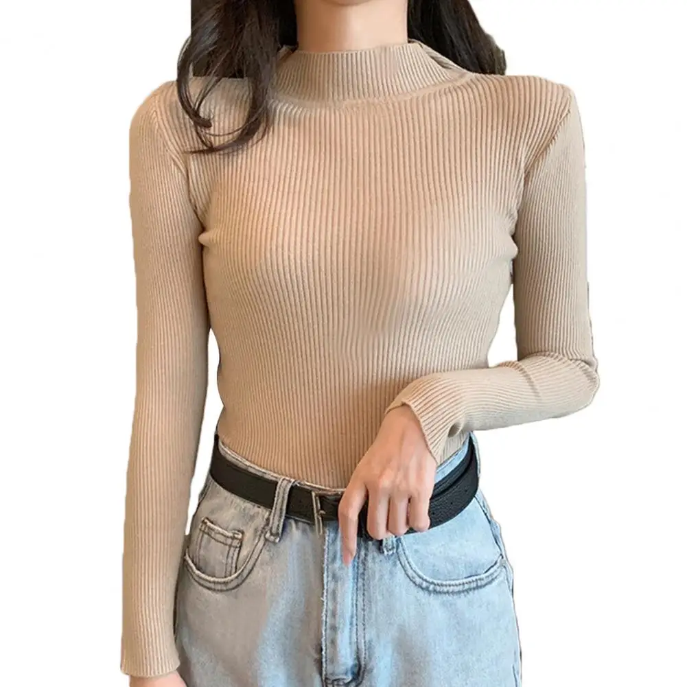 

Spring Women Casual Solid Color Mock Neck Long Sleeve Sweater Bottoming Top Knitwear 2021