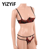 women erotic embroidery lace sexy lingerie set open cups bra bare exposed breasts bra top with crotchless g string thongs bikini