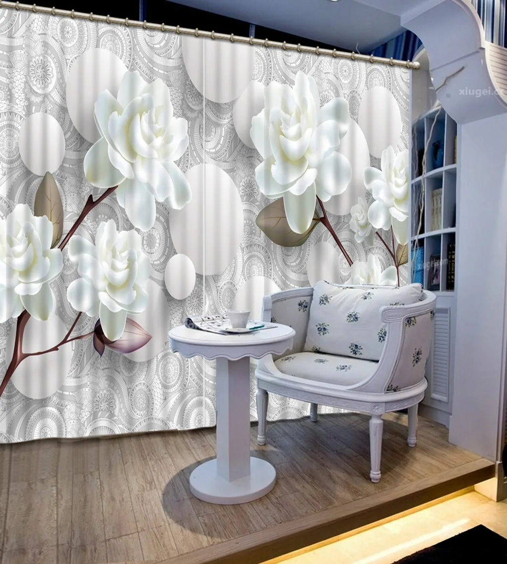 

Custom High Quality 3D Blackout Curtain White flower circle Pattern Thicken Fabric Bedroom Curtains for Living Room balcony