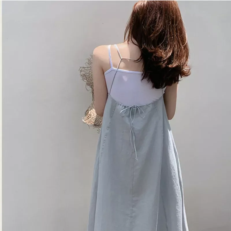 

2021 Summer Sleeveless Korean Linen Women Dresses New Solid Color Spaghetti Strap Sexy Plus Size Female Dress