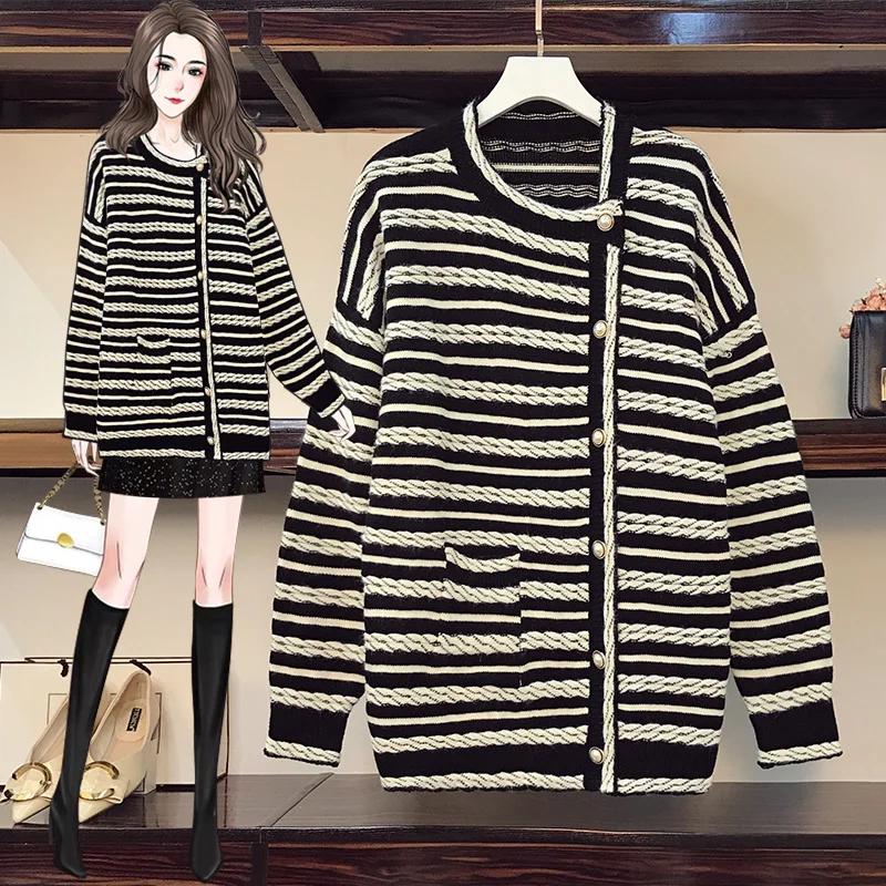 

Striped Sweet Irregular Plus Large Size Oversize Korean Style Fashion Cardigan For Autumn Women'S Clothing Ladies Sweater Winter