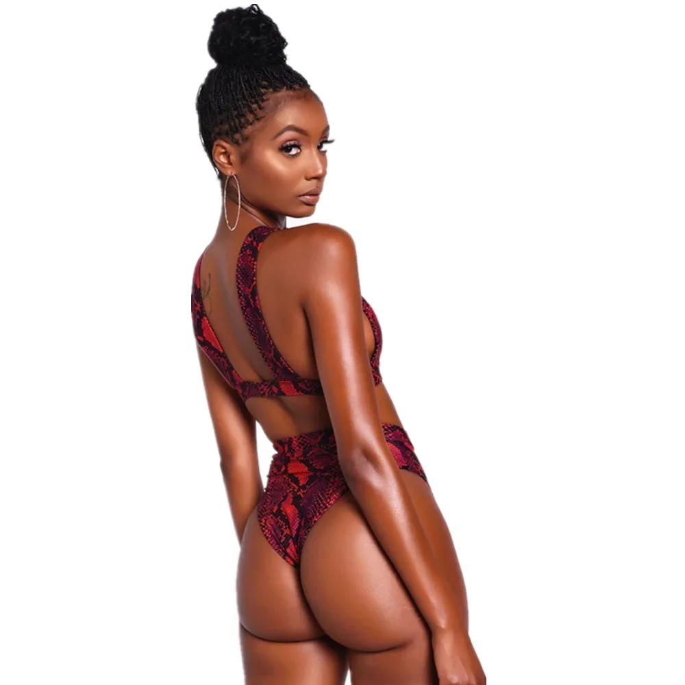 

New Sexy Red Snake Print Bikini Buckle High Waist Swimwear Women V Neck Push Up Bikini Swimsuit Women Brazilian Female Bikinis