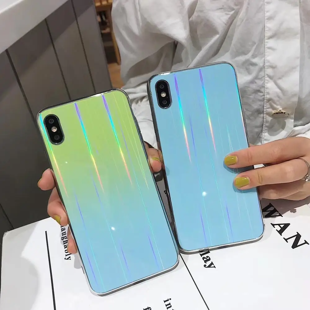 Gradient Rainbow Laser Holographic Shimmer Case for iPhone X XS Max XR Hard Glass Cover 8 7 6S Plus Light reflections Hull |