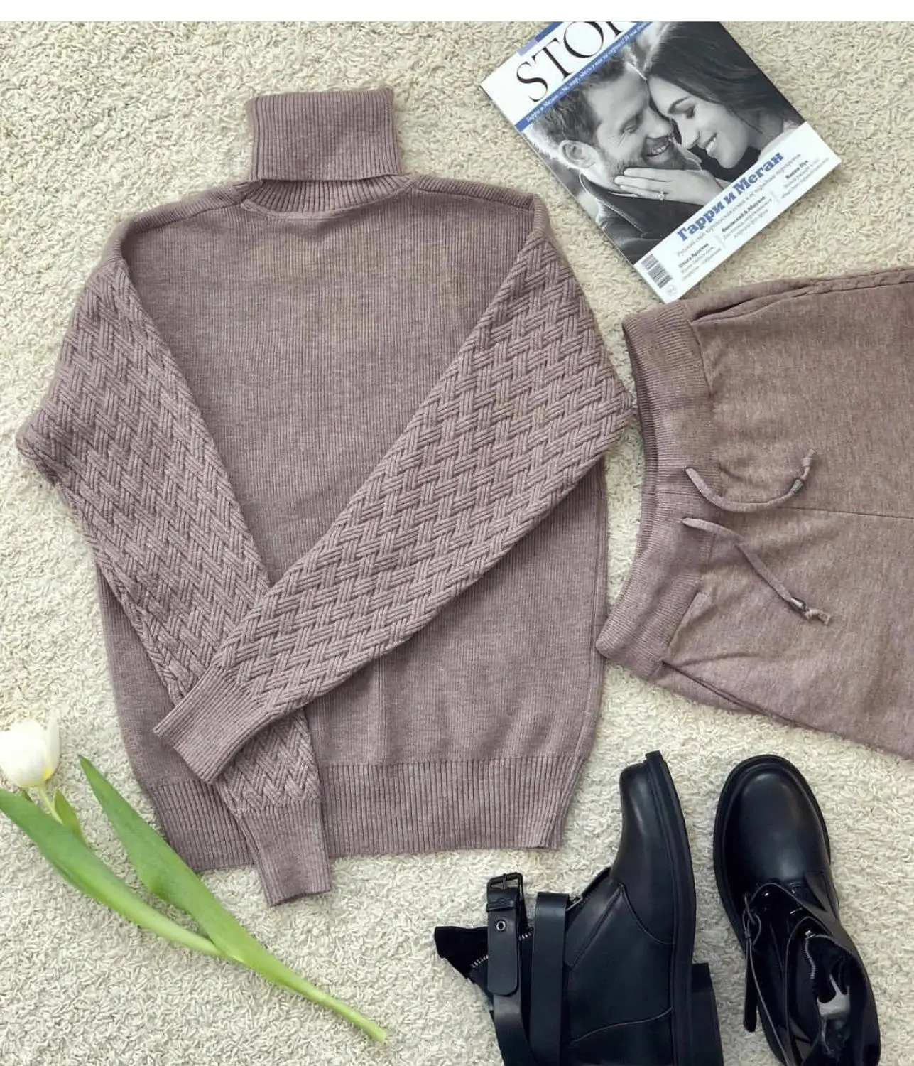 

Women's sweater + pants 2 piece set women suit knitted sportswear knitted suit plaid sleeve turtleneck sweater two-piece set