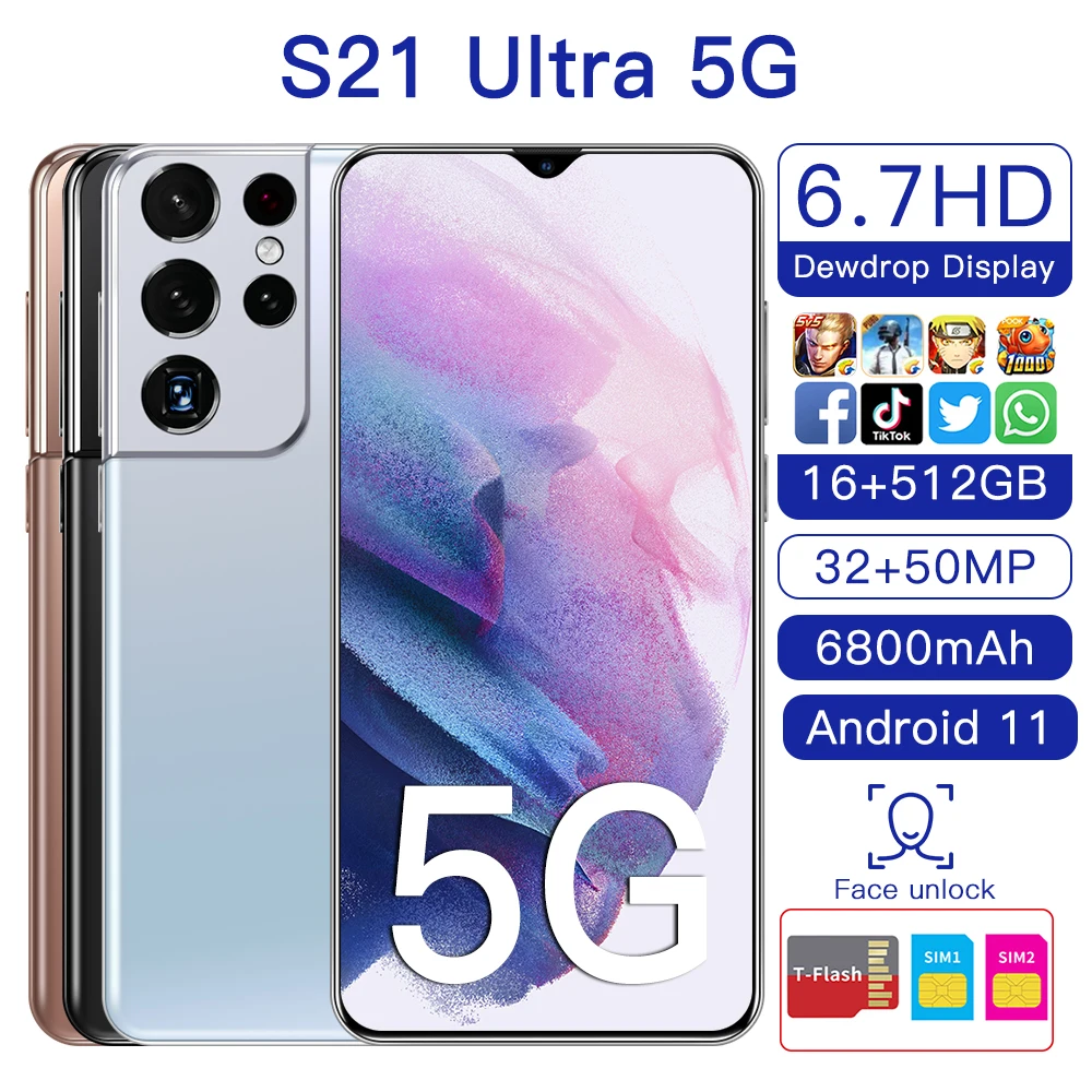 

Latest Version S21+ Ultra 6.7 Inch Smart Phone Android 11 16GB RAM 512GB ROM Dual Sim Unlocked Mobile Phone MTK 6799 Deca Core