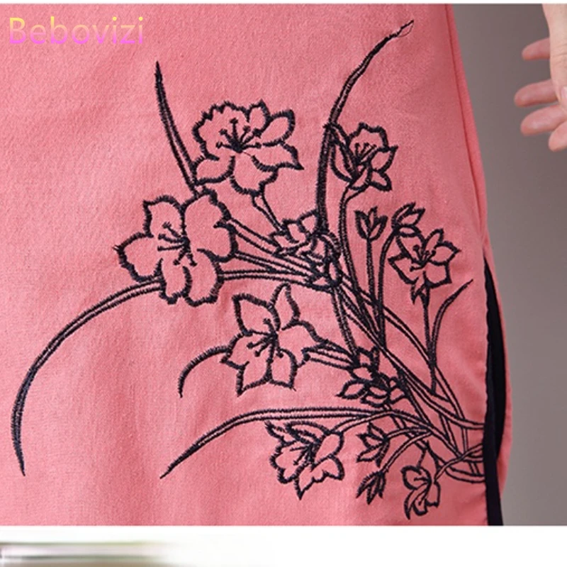 

Summer 2021 Cotton Linen Embroidery Red Navy Blue Pink Hanfu Dress China Women Traditional Tang Han Fu Ancient Chinese Costume