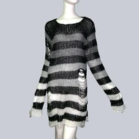 wyblz long unisex sweater gothic hollow out hole broken jumper loose thin sweater dress 2021 women man striped knitwear
