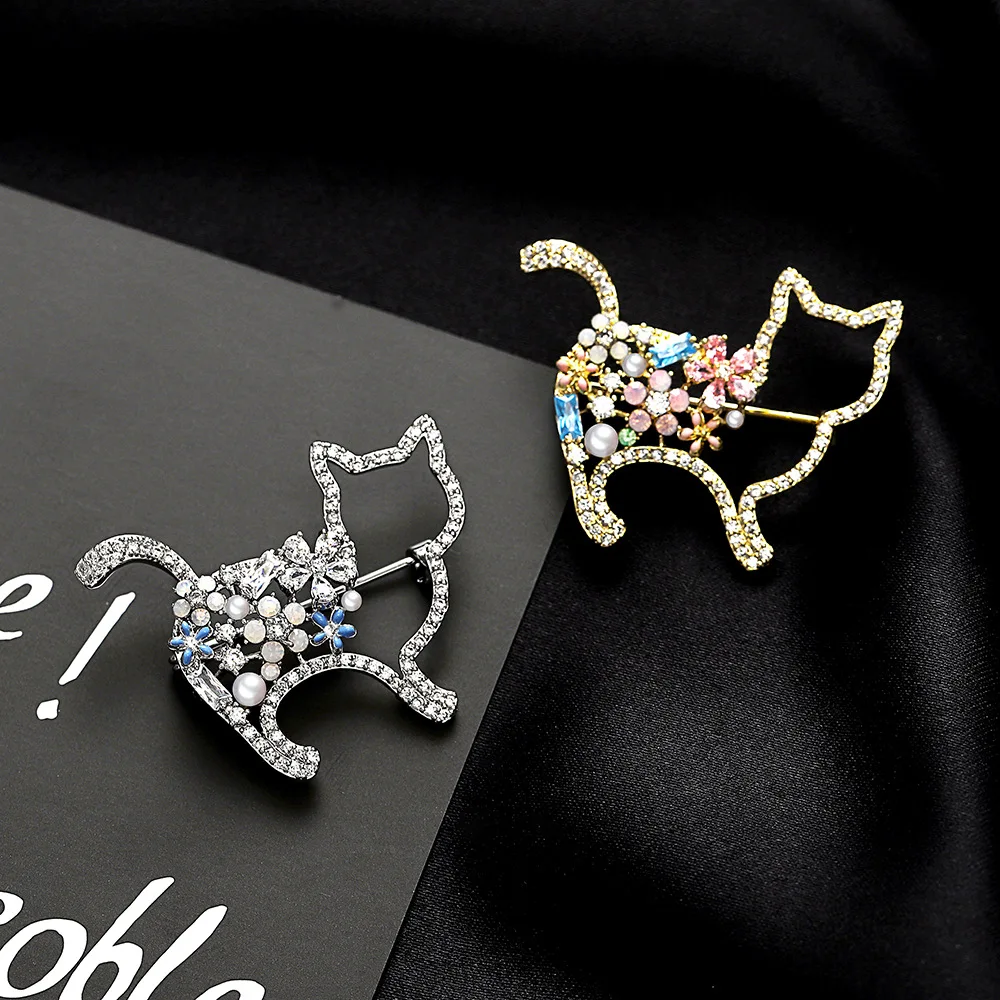 Женская металлическая брошь в виде кошки значок с цирконом свадебное