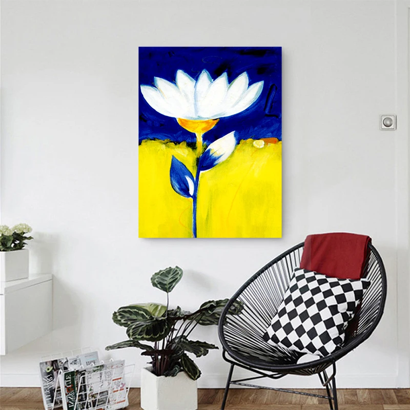Картина на холсте абстрактный Цветущий белый лотос синие листья плакат печать