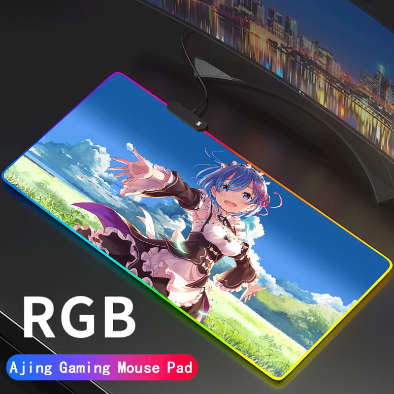 

Large Girly Emilia Glow Mousepad Anime Re:Zero RGB Cute Cartoon Mouse Pad XXL Computer Mat Rem LED Backlit Mice Desk Carpet