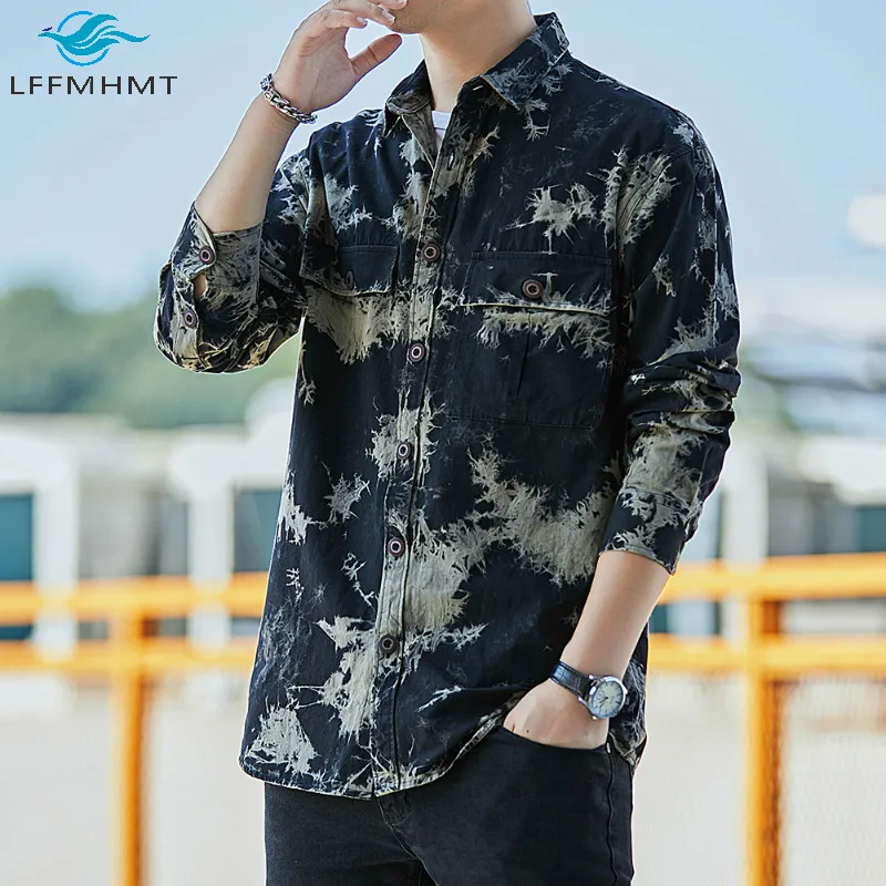 

Men Spring Fashion Vintage Camouflage Ink Print Long Sleeve Turn Down Collar Single Breasted Shirt Comfortable Cotton Casual Top