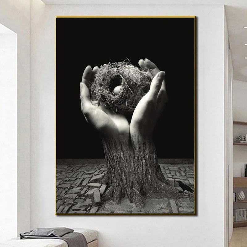 

Bird's Nest In Hand Surrealism Picture Black And White Modern Canvas Art Poster And Print Room Decoration Wall Painting For Home