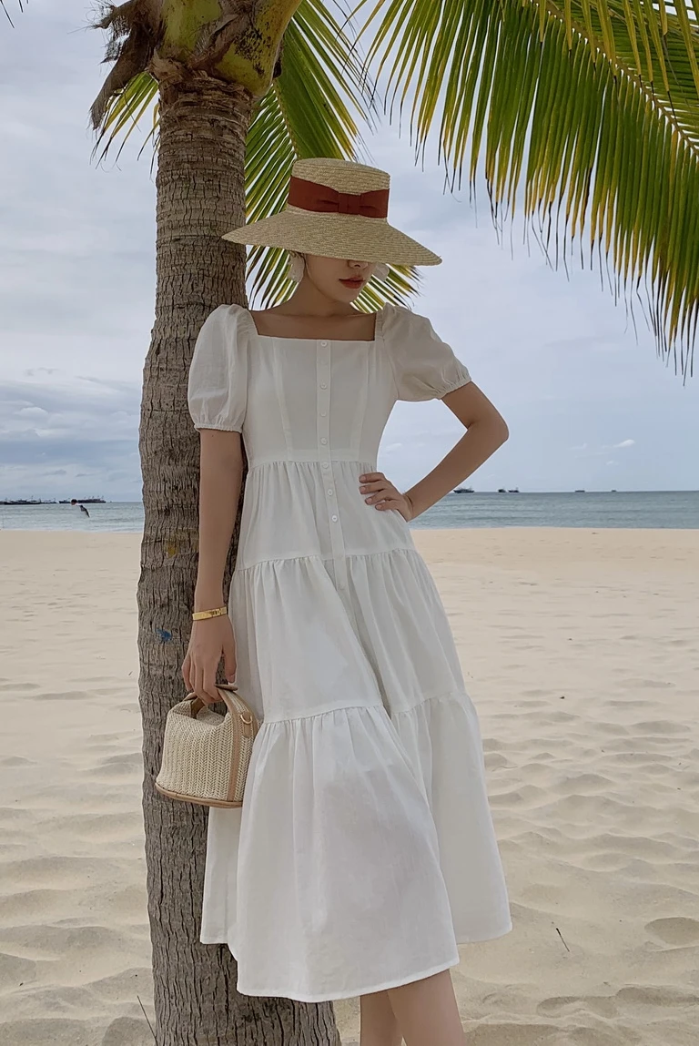 

COIGARSAM Cute Cotton Linen Women dress New Summer French Style High Waist Dresses White 6039