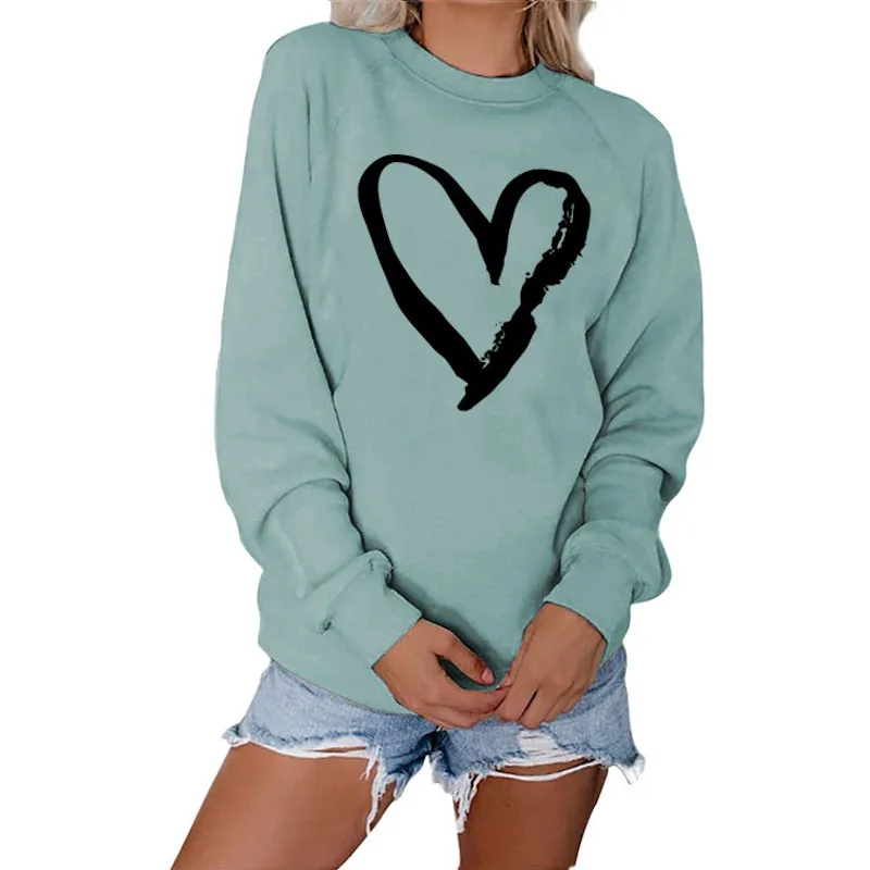 

New Tops Women Hoodies Print Heart Sweatshirt O Neck Pullover Clothing
