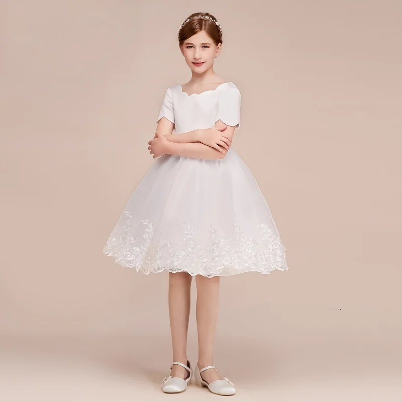 Ball Gown Princess Short White Flower Girl Dresses For Wedding Satin Tulle Girls First Holy Communion Dresses