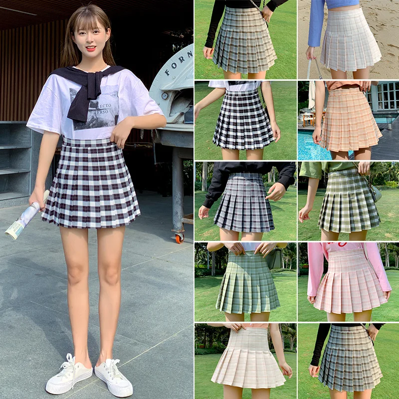 

Half-length Skirt Female Summer 2021 New Fashion High-waisted Thin All-match Anti-glare A-line Plaid Pleated Skirt Mini Skirt