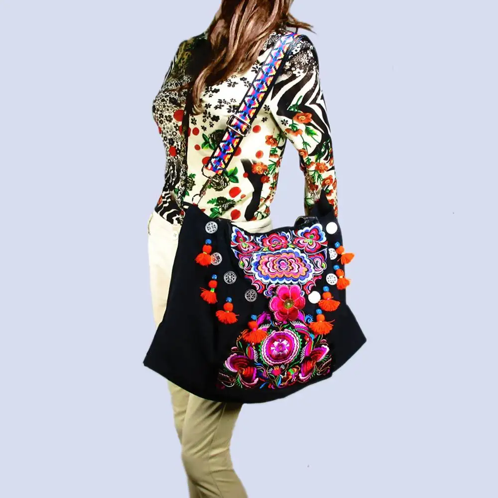 2-Usage Hmong Vintage Ethnic Tribal Thai Bohemian shoulder bag messenger tote bag handmade, embroidery pom trim bell bag SYS-568