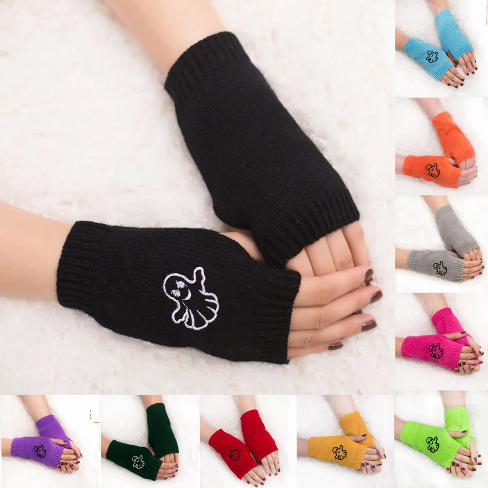 

Women Girl Keep Warm Autumn And Winter Embroidery Ghost Knitted Fingerless Gloves Ladies Fashion Accessories Creative Mitten