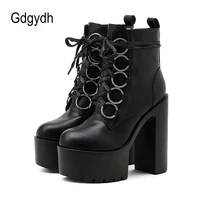 gdgydh ankle knight boots high heels shoes for nightclub thick heel platform boots cool black punk girls footwear high quality
