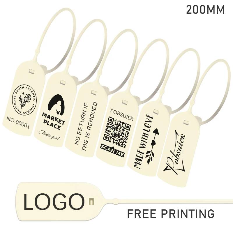 

100Pcs Custom Clothing Hang Tags Personalized Plastic Security Seal Print Logo Garment Shoe Clothes Gift Label Cream Beige 200mm