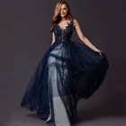 Женское элегантное платье для выпускного, темно-синее Тюлевое платье в горошек без рукавов с V-образным вырезом и открытой спиной на тонких бретельках, 2022