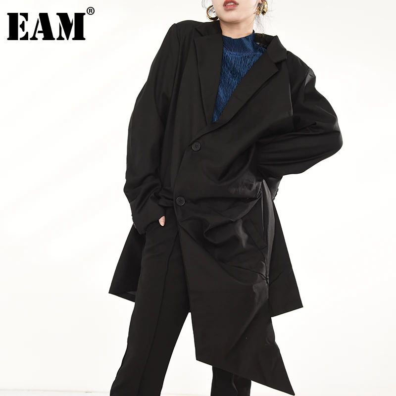 

[EAM] Women Black Stitch Pleated Big Size Trench New Lapel Long Sleeve Loose Fit Windbreaker Fashion Tide Spring 2022 1S24101