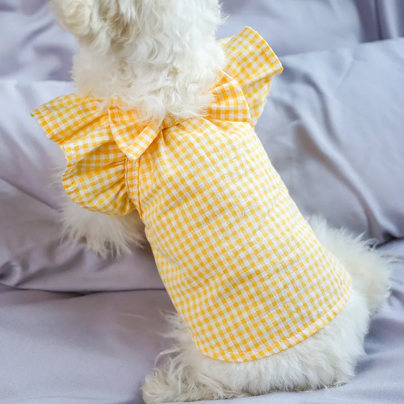 

Pet Clothes Spring and Summer New Products Yellow Grid Bow Thin Section Pet Clothes Doll Shirt Cat Clothes