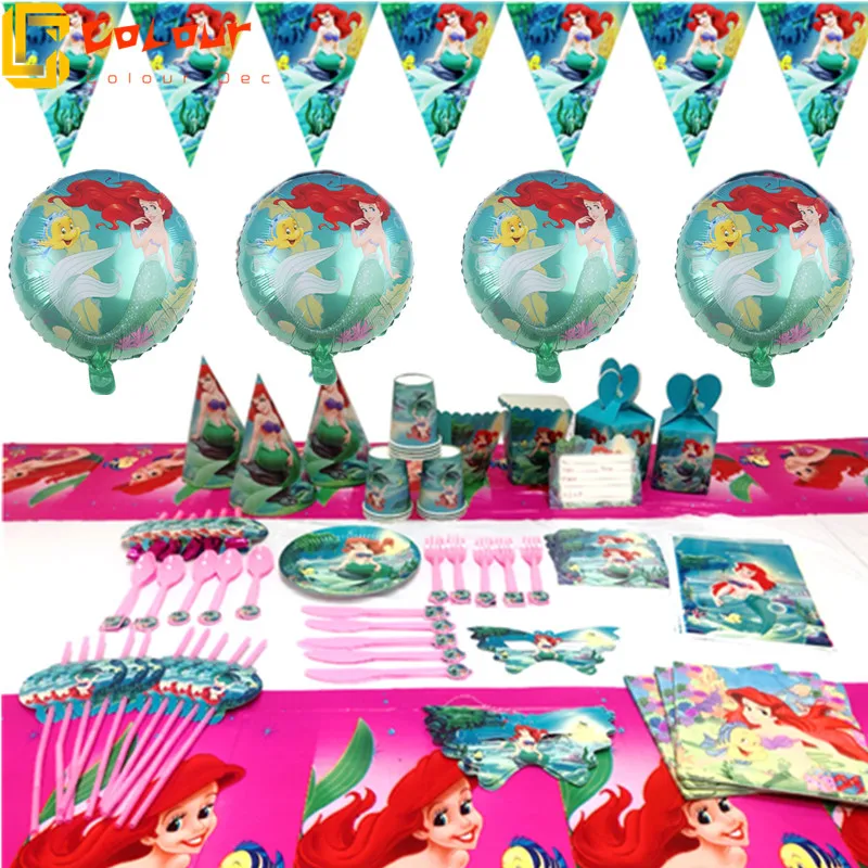 

Disney Русалка Ариэль тематическая вечеринка на день рождения декоративные мешки бумажные тарелки чашка рожок воздушный шар одноразовая посу...